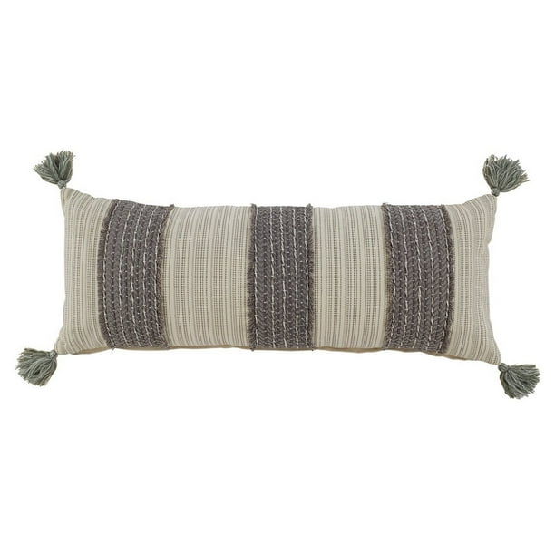 Benjara 36 x 14 Cotton Accent Pillow with Trimmed Fringe Details Gray and Cream Set of 4 Benjara 36 x 14 Cotton Accent Pillow with Trimmed Fringe Details Gray and Cream Set of 4